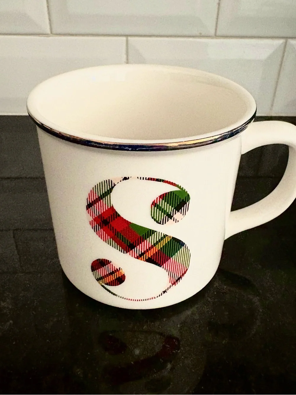 Pottery Barn Tartan Plaid Ceramic Mug Initial S
